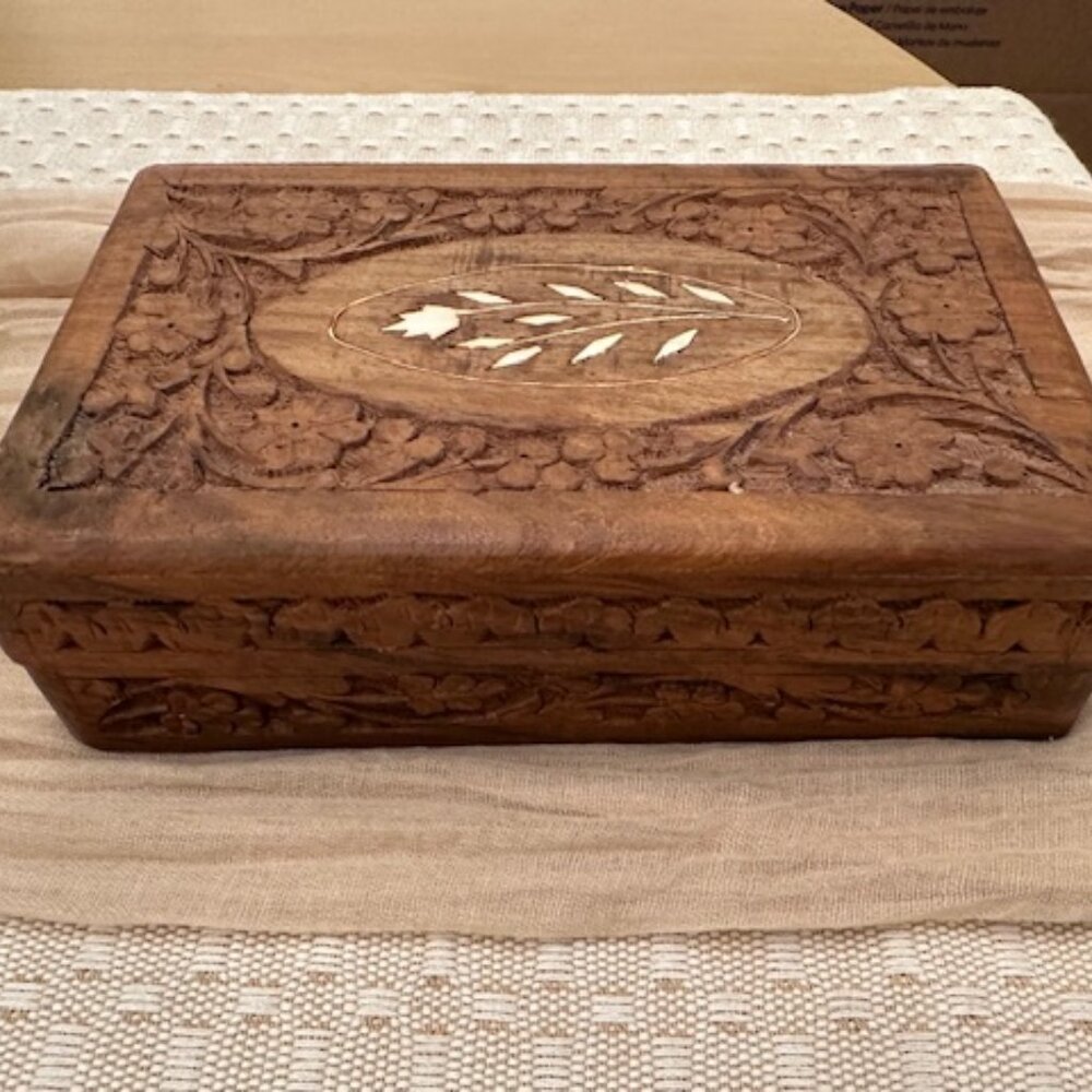Vintage Hand Carved Wood Box with Ornate Floral Design with inlay